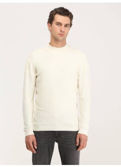 Ecru Half Turtleneck Patterned Cotton Blend Sweater