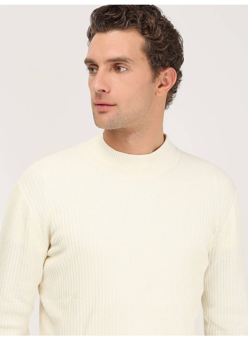 Kip - Ecru Half Turtleneck Patterned Cotton Blend Sweater - Image 1