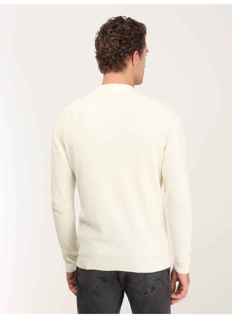 Kip - Ecru Half Turtleneck Patterned Cotton Blend Sweater - Image 1