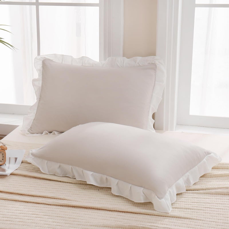 Merryword Beige Pillow Shams Beige and White Reversible Standard Pillowcases Cute Pillow Cover Set of 2 Soft Shabby Chic Ruffled Pillowcases 2 Pack (Queen (20''x30'')  Beige White) - Image 1