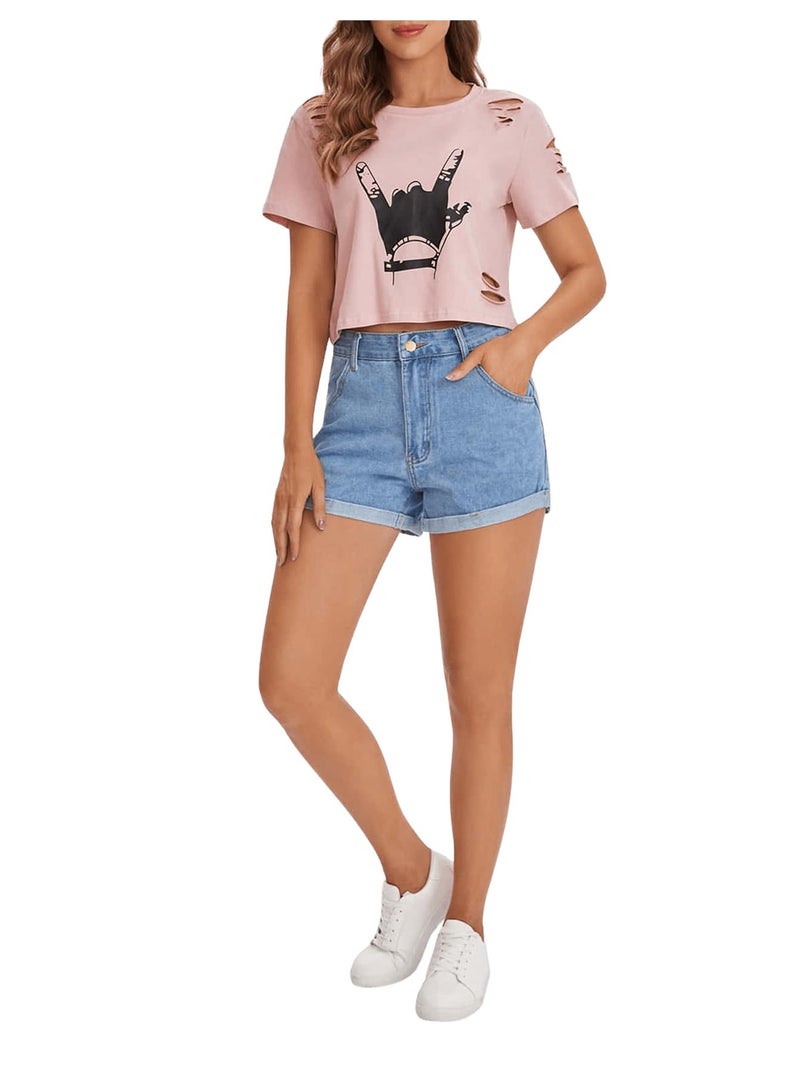 SweatyRocks Women's Short Sleeve T Shirt Graphic Print Distressed Crop Top Gesture Light Pink Large - Image 3