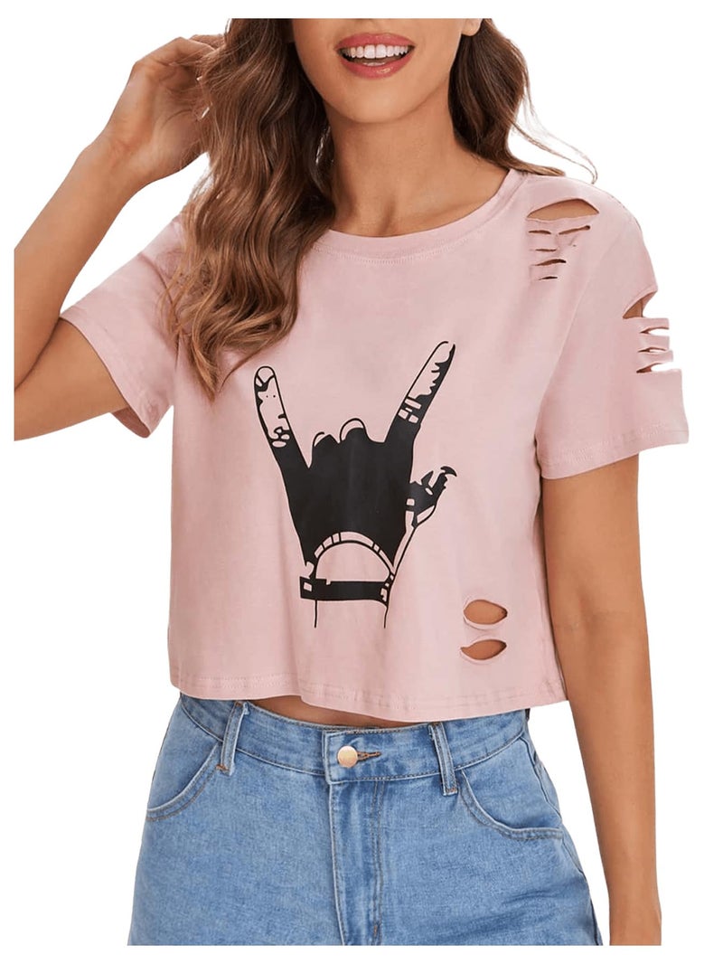 SweatyRocks Women's Short Sleeve T Shirt Graphic Print Distressed Crop Top Gesture Light Pink Large - Image 1