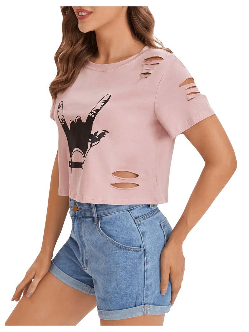 SweatyRocks Women's Short Sleeve T Shirt Graphic Print Distressed Crop Top Gesture Light Pink Large - Image 5