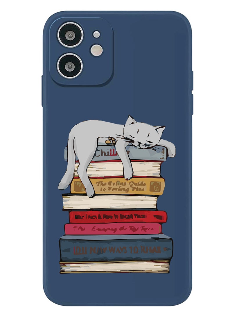 Theodor Protective Slim Fit Case Liquid Silicone Cover with Full Body Protection Anti-Scratch Shockproof Case For iPhone 12 Blue  - Cat on books - Image 1