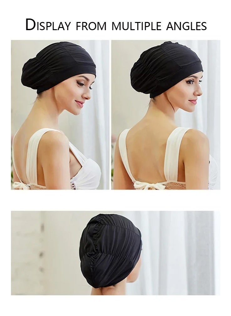 قبعة سباحة مطوية للنساء - سوداء مرنة على شكل عمامة، مقاومة للماء ومريحة للسباحة والمنتجعات الصحية والشاطئ - تناسب جميع أطوال الشعر (زوايا متعددة قابلة للتعديل) - Image 3