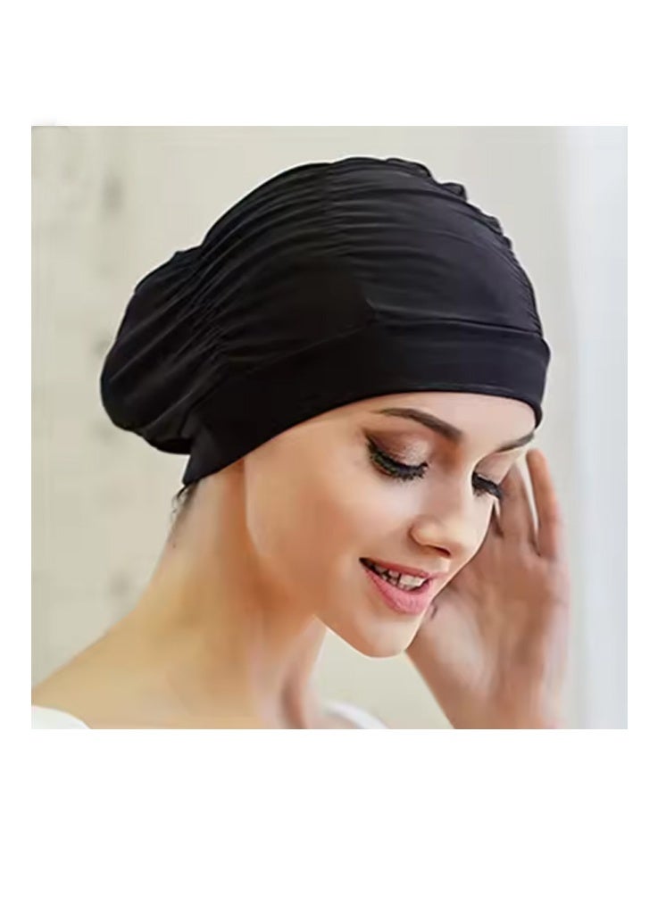 قبعة سباحة مطوية للنساء - سوداء مرنة على شكل عمامة، مقاومة للماء ومريحة للسباحة والمنتجعات الصحية والشاطئ - تناسب جميع أطوال الشعر (زوايا متعددة قابلة للتعديل) - Image 4