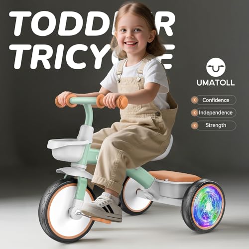 Umatoll Toddler Tricycle for 18 Month to 4 Year Old Boys GirlsToddler Bike Toys with Adjustable SeatLightUp WheelsBirthday Gift for Age 23 Green - Image 5