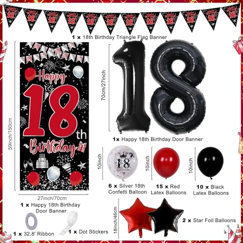 Pounira 18th Birthday Decorations for Boys and Girls Red Black Happy 18th Birthday Decorations for Men Boy 18 Bday Party Door Banner Sign Triangle Flag Large 18 Balloons Decor for 18 Years Old - Image 5