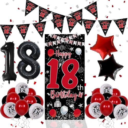 Pounira 18th Birthday Decorations for Boys and Girls Red Black Happy 18th Birthday Decorations for Men Boy 18 Bday Party Door Banner Sign Triangle Flag Large 18 Balloons Decor for 18 Years Old - Image 1