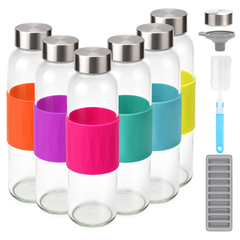 Zukro 18 oz Glass Water Bottles with Lids, 6 Pack Leak Proof Juice Bottles With Stainless Steel Cap for Juicing, Smoothie, Homemade Beverages Container, Reusable Drinking Jar with Grip Band, BPA Free - Image 1