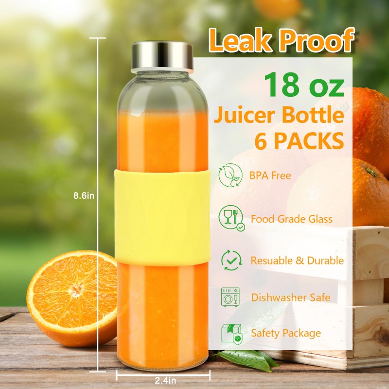 Zukro 18 oz Glass Water Bottles with Lids, 6 Pack Leak Proof Juice Bottles With Stainless Steel Cap for Juicing, Smoothie, Homemade Beverages Container, Reusable Drinking Jar with Grip Band, BPA Free - Image 2