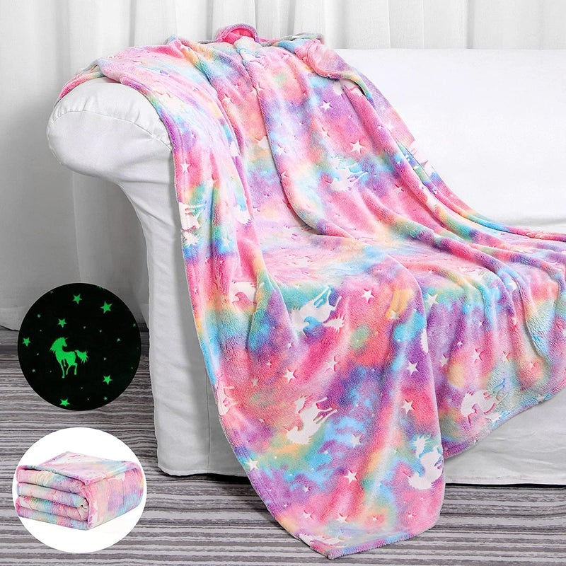 kunya Blankets for Kids Glow in The Dark Blanket Pink Star Moon Print Blankets for Kids Light Weight Soft Cozy All Season Blankets for Baby Boys Girls Rainbow Big