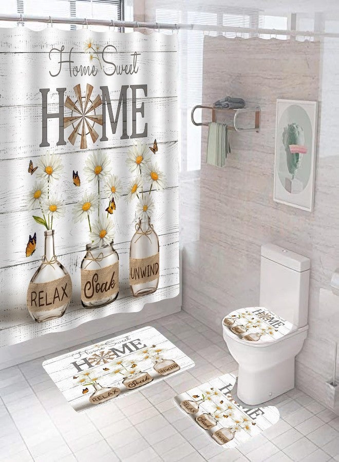 ALEXEX 4 PCS White Daisy Shower Curtain Sets,Home Sweet Bathroom Set with Shower Curtain and Rugs and Accessories,Farmhouse Country Shower Curtain Bathroom Decor with 12 Hooks,72 X 72 Inches - Image 3