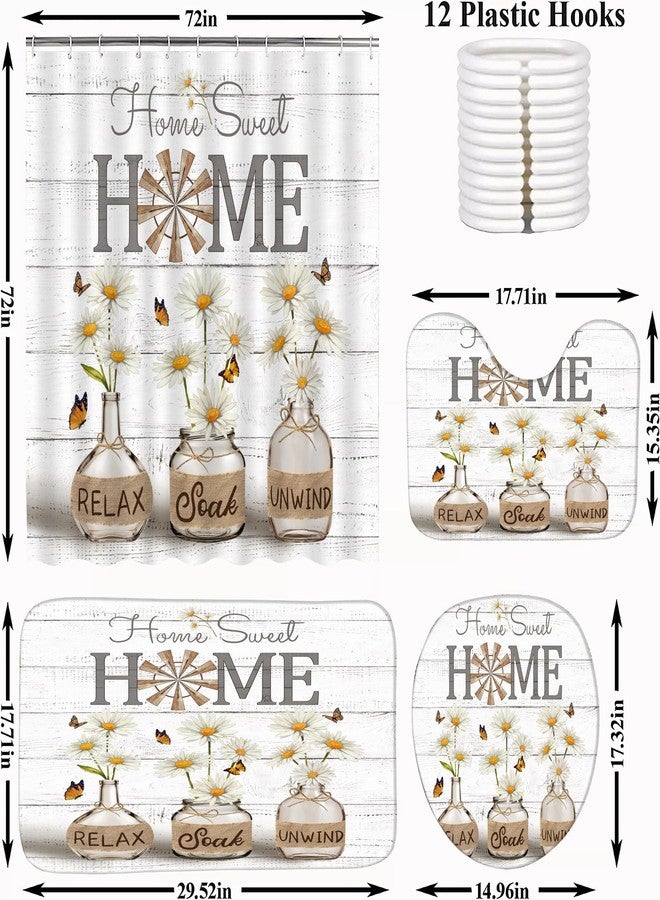 ALEXEX 4 PCS White Daisy Shower Curtain Sets,Home Sweet Bathroom Set with Shower Curtain and Rugs and Accessories,Farmhouse Country Shower Curtain Bathroom Decor with 12 Hooks,72 X 72 Inches - Image 2
