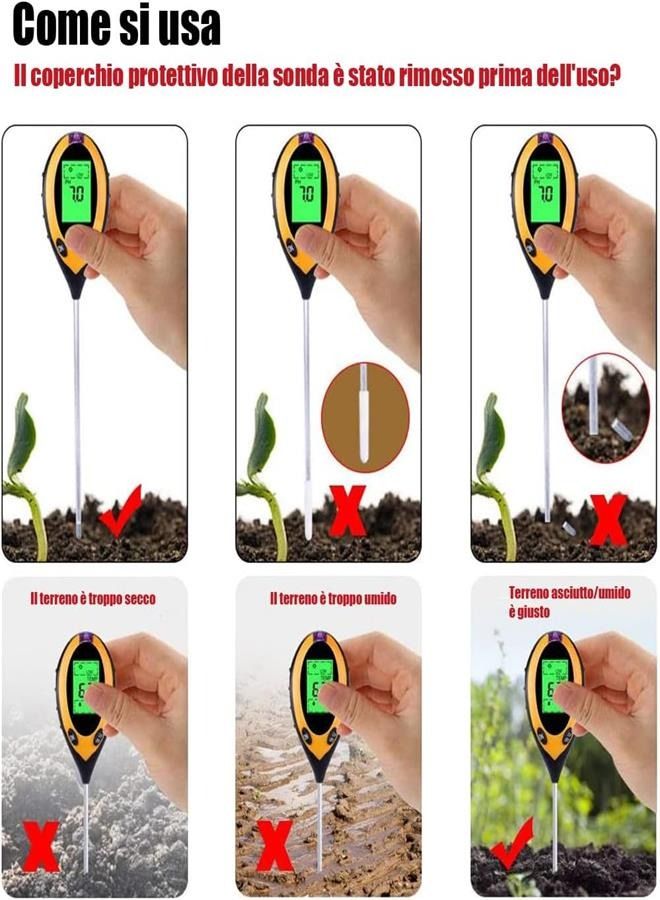 Soil pH Tester, 4 in 1 Soil Tester Hygrometer Plant Soil Tester Set With PH Light and Humidity Acid Tester Suitable for Flowers/Grass/Plants/Garden/Farm/Lawn/Indoor and Outdoor