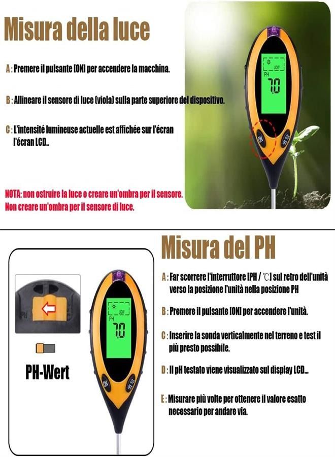 Soil pH Tester, 4 in 1 Soil Tester Hygrometer Plant Soil Tester Set With PH Light and Humidity Acid Tester Suitable for Flowers/Grass/Plants/Garden/Farm/Lawn/Indoor and Outdoor
