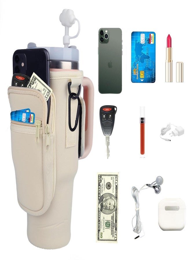 kunya sipper bottle cover Water Bottle Carrier Bag with Pouch Compatible with 40oz Tumbler with Handle, Water Bottle Pouch for Quencher H2.0 Flow State, 40 oz Tumbler (cream) - Image 4