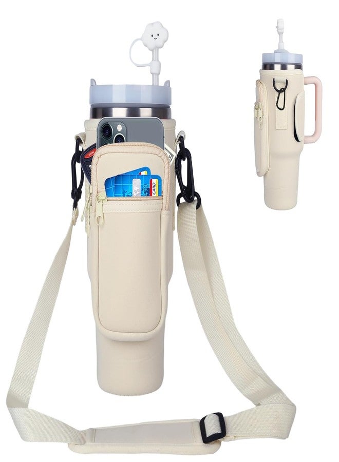 kunya sipper bottle cover Water Bottle Carrier Bag with Pouch Compatible with 40oz Tumbler with Handle, Water Bottle Pouch for Quencher H2.0 Flow State, 40 oz Tumbler (cream) - Image 1