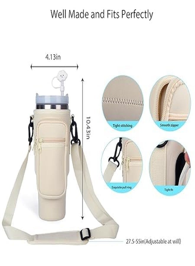 kunya sipper bottle cover Water Bottle Carrier Bag with Pouch Compatible with 40oz Tumbler with Handle, Water Bottle Pouch for Quencher H2.0 Flow State, 40 oz Tumbler (cream) - Image 2