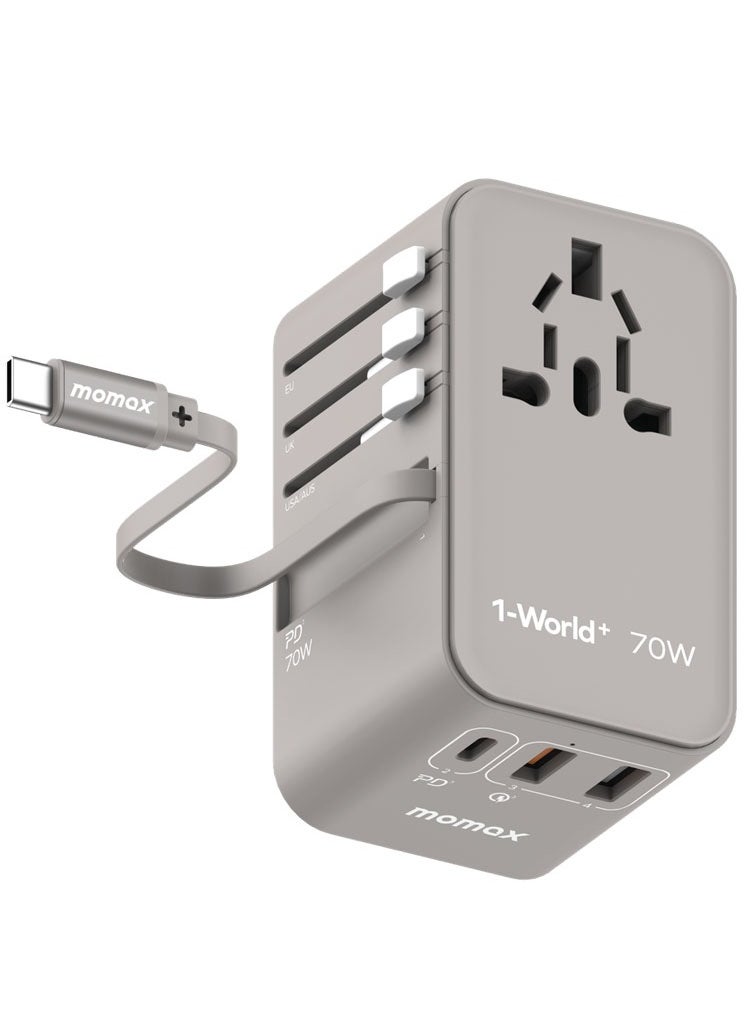 Momax Momax UA18 1-World 70W GaN 3 Ports + Multi Plug Travel Adapter Multi Volt 100-250V USB-C / USB-A with Retractable USB-C Cable - Grey  - Image 1