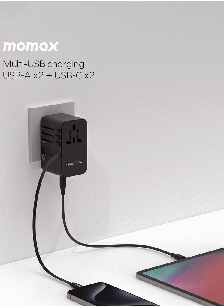 Momax Momax UA18 1-World 70W GaN 3 Ports + Multi Plug Travel Adapter Multi Volt 100-250V USB-C / USB-A with Retractable USB-C Cable - Grey  - Image 4