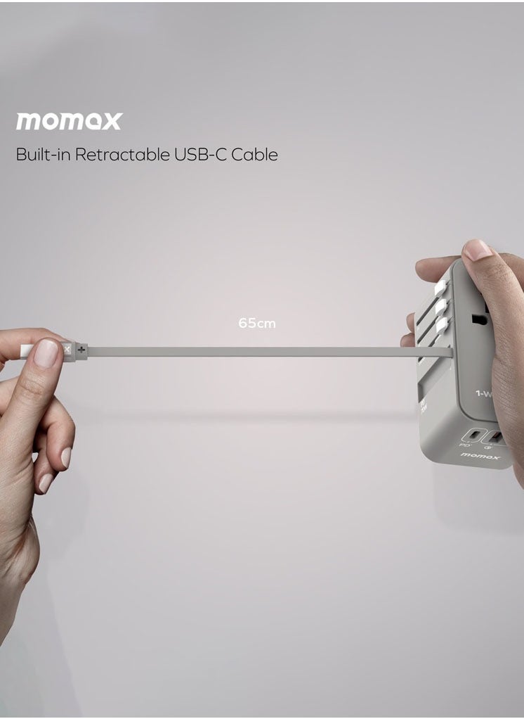 Momax Momax UA18 1-World 70W GaN 3 Ports + Multi Plug Travel Adapter Multi Volt 100-250V USB-C / USB-A with Retractable USB-C Cable - Grey  - Image 5