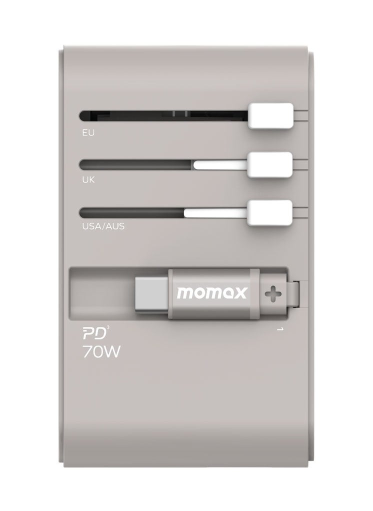 Momax Momax UA18 1-World 70W GaN 3 Ports + Multi Plug Travel Adapter Multi Volt 100-250V USB-C / USB-A with Retractable USB-C Cable - Grey  - Image 2