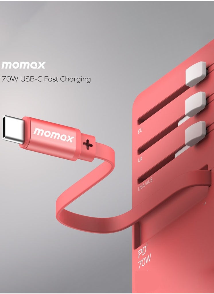 Momax Momax UA18 1-World 70W GaN 3 Ports + Multi Plug Travel Adapter Multi Volt 100-250V USB-C / USB-A with Retractable USB-C Cable - Grey  - Image 3