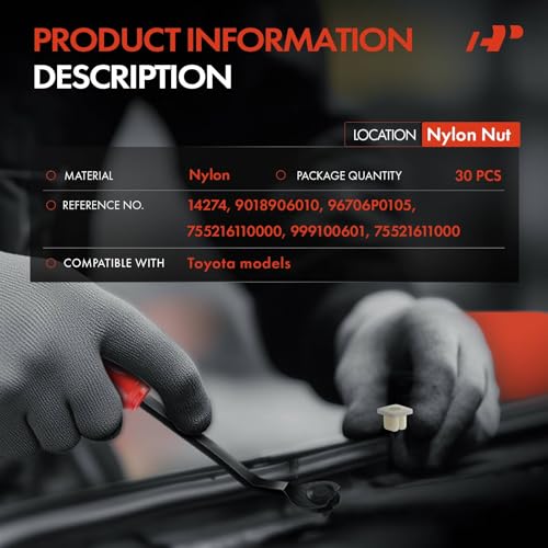 A-Premium أ-بريميوم 30 قطعة من مشابك الجلخ النايلون متوافقة مع تويوتا كورولا، تاكوما، توندر، 4رانر، لاند كروزر، كريسيدا ونيسان ماكسيما ومازدا 6، CX-9 وإنفينيتي FX35 - لفتحة 8.5 مم × 8.5 مم - Image 2