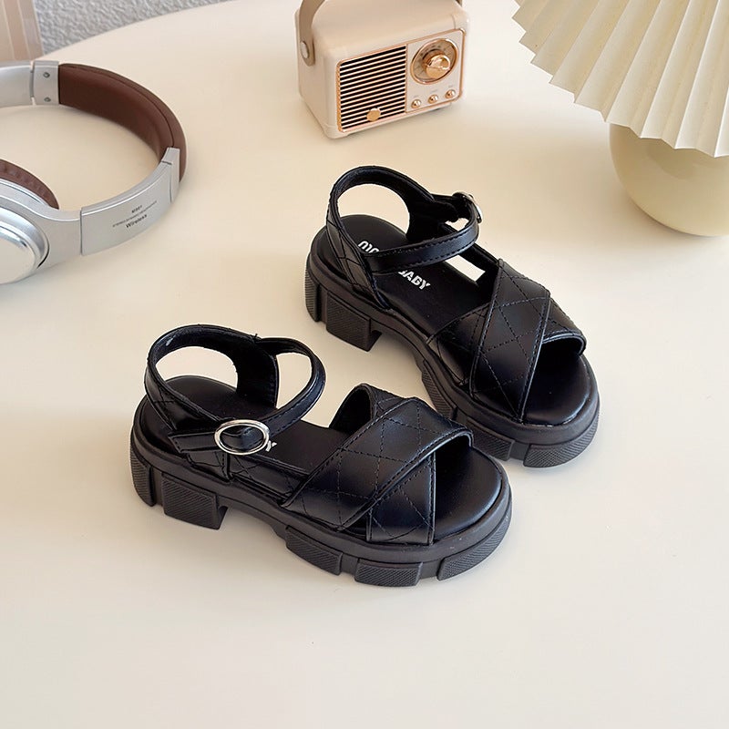 British Style Black Thick Heel Platform Sandals Children'S Cross Casual Girls Roman Sandals - Image 4
