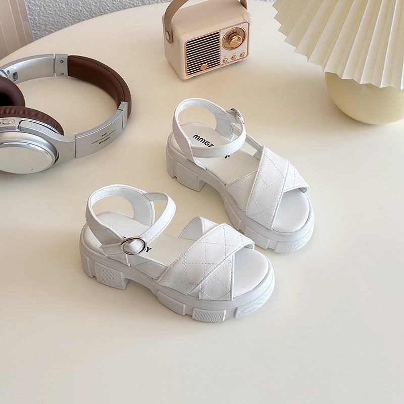 British Style Black Thick Heel Platform Sandals Children'S Cross Casual Girls Roman Sandals - Image 5