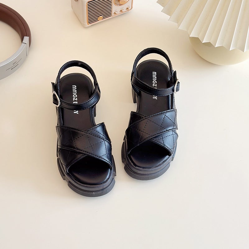 British Style Black Thick Heel Platform Sandals Children'S Cross Casual Girls Roman Sandals - Image 1