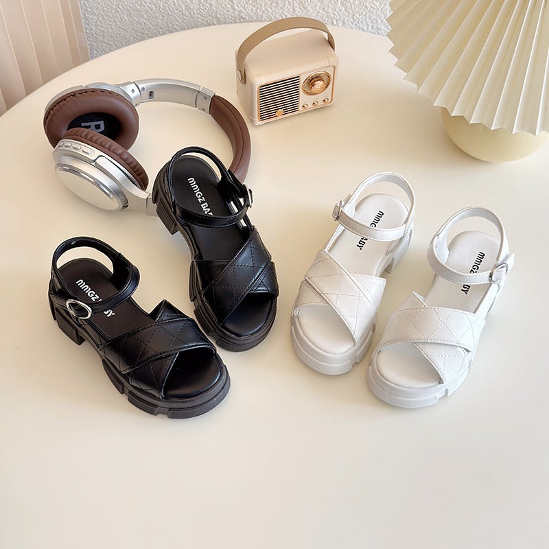 British Style Black Thick Heel Platform Sandals Children'S Cross Casual Girls Roman Sandals - Image 3