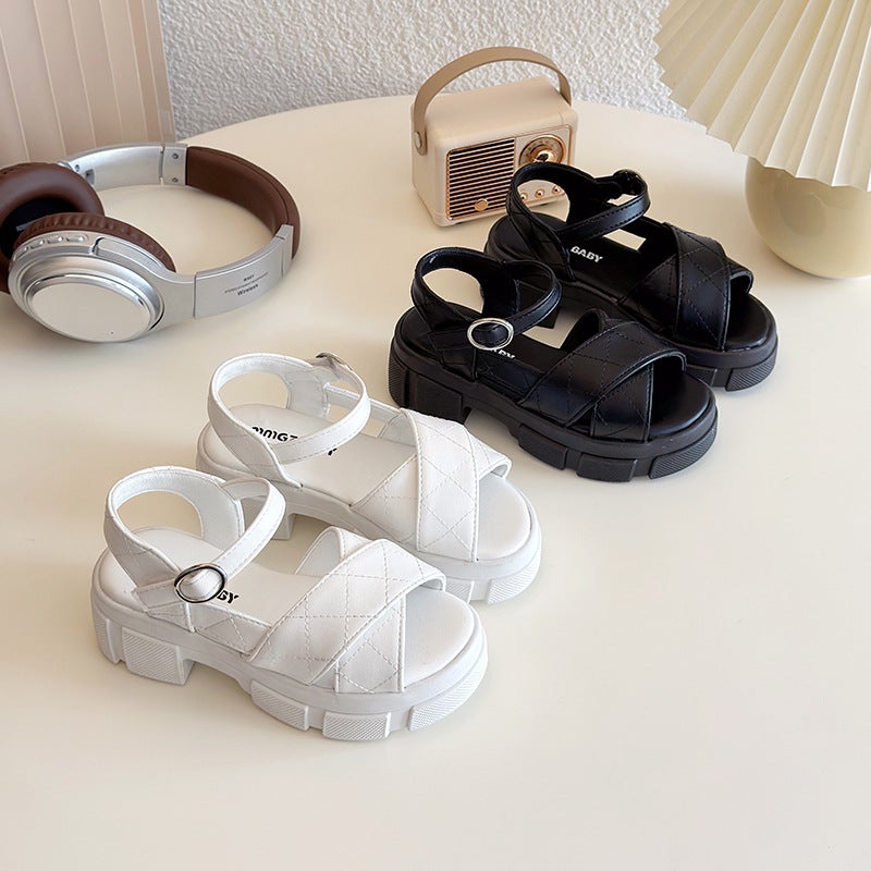 British Style Black Thick Heel Platform Sandals Children'S Cross Casual Girls Roman Sandals - Image 2