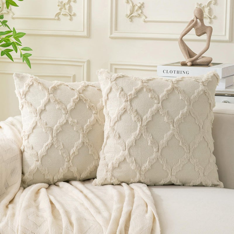 Cozoomy Set of 2 Soft Moroccan Throw Pillow Covers 18x18 Inch Plush Boho Decorative Pillow Cover Accent Cushion Case for Couch Sofa Bed, Beige - Image 1