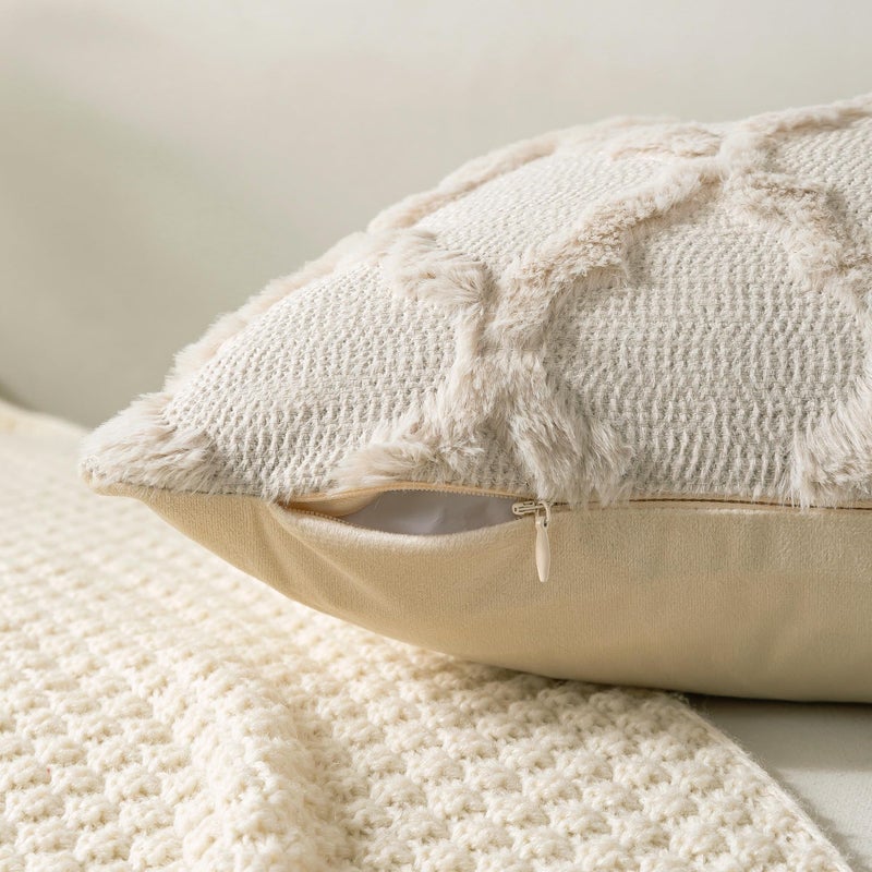 Cozoomy Set of 2 Soft Moroccan Throw Pillow Covers 18x18 Inch Plush Boho Decorative Pillow Cover Accent Cushion Case for Couch Sofa Bed, Beige - Image 4