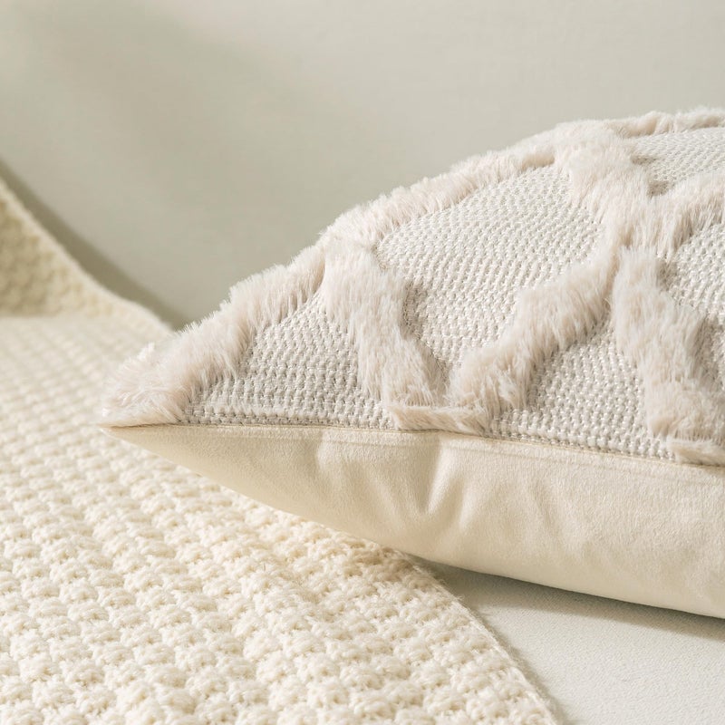 Cozoomy Set of 2 Soft Moroccan Throw Pillow Covers 18x18 Inch Plush Boho Decorative Pillow Cover Accent Cushion Case for Couch Sofa Bed, Beige - Image 2
