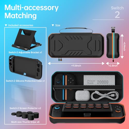 Hosanwell Switch2 13 in 1 Accessories Set for 2025 Nintendo Switch2 Model,Switch2 Hard Carrying Case with Switch2 Protective Case,8 Thumb Grip,2 Screen Protector,1 Stand - Image 2