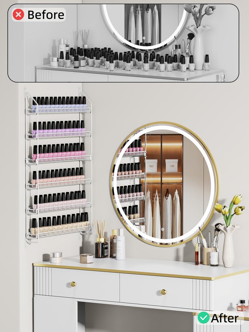GIGIFTREE Nail Polish Organizer Wall Mounted, 6 Tier Metal Storage Rack Holds 90 Bottles, Multifunctional Organizer for Essential Oils Paint Perfume, White - Image 5