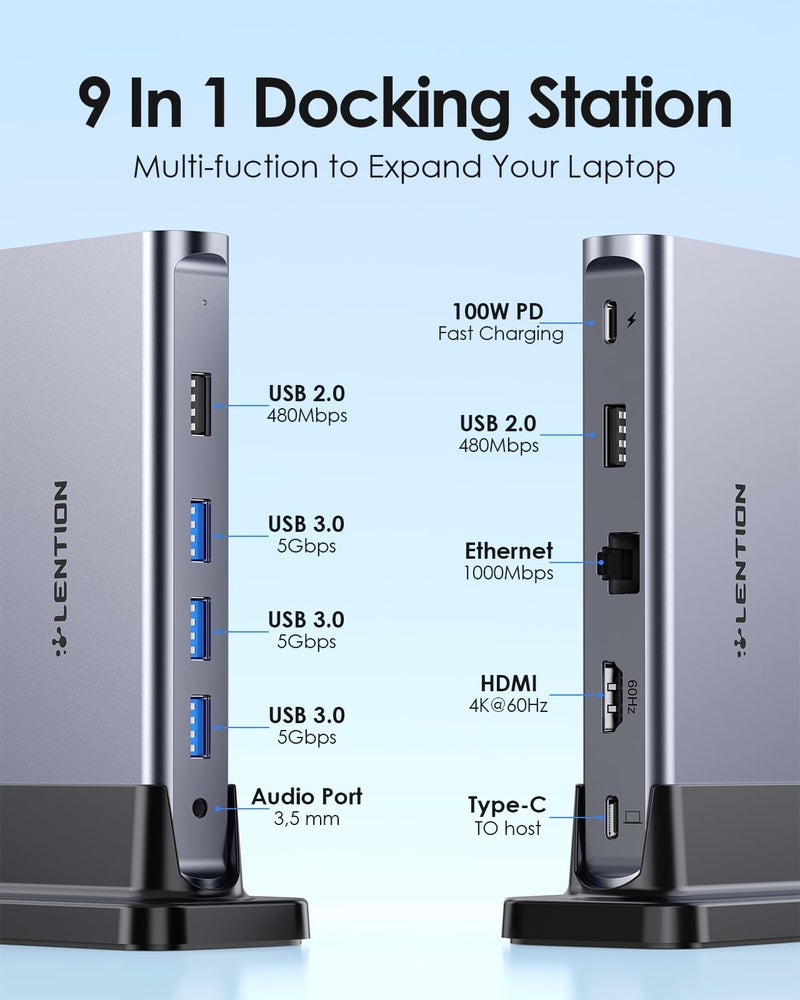 Lention LENTION USB C Docking with 4K@60Hz HDMI, USB 3.0/2.0, Gigabit Ethernet, 100W PD, Aux Adapter for 2023-2016 MacBook Pro/Mac Air/Surface/Steam Deck, More, Stable Driver Certified (CB-D53s, Space Gray)  - Image 2