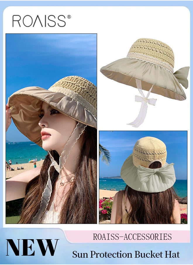 roaiss Women's Color Glue Large Brim Bucket Hat, Summer Hollow Breathable Sun Hat with Cool Ponytail Hole Design, Fashionable and Casual Beach Cap with Lace Ribbon for Travel, Vacation and Hiking  - Image 1