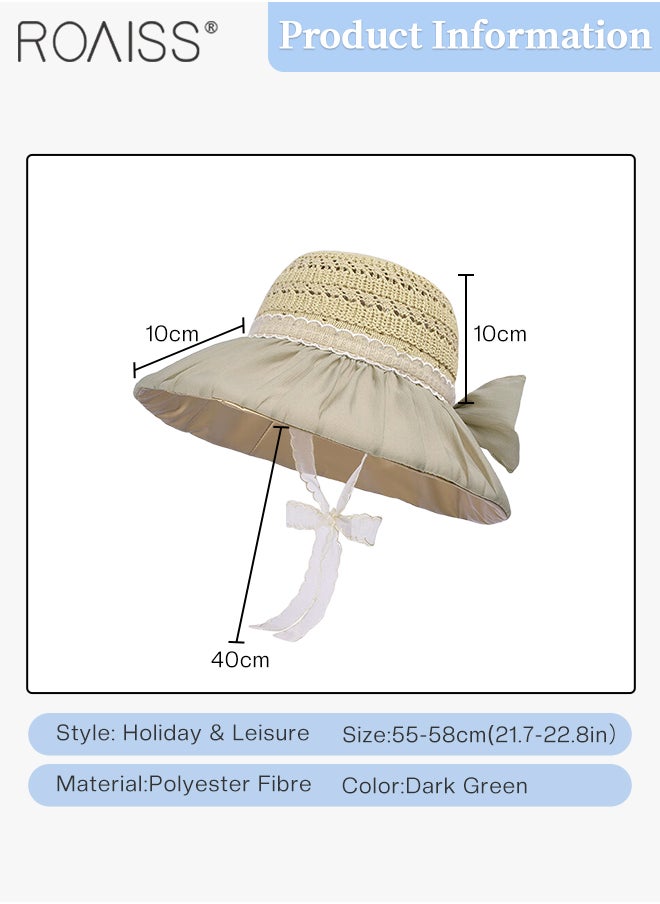 roaiss Women's Color Glue Large Brim Bucket Hat, Summer Hollow Breathable Sun Hat with Cool Ponytail Hole Design, Fashionable and Casual Beach Cap with Lace Ribbon for Travel, Vacation and Hiking  - Image 3