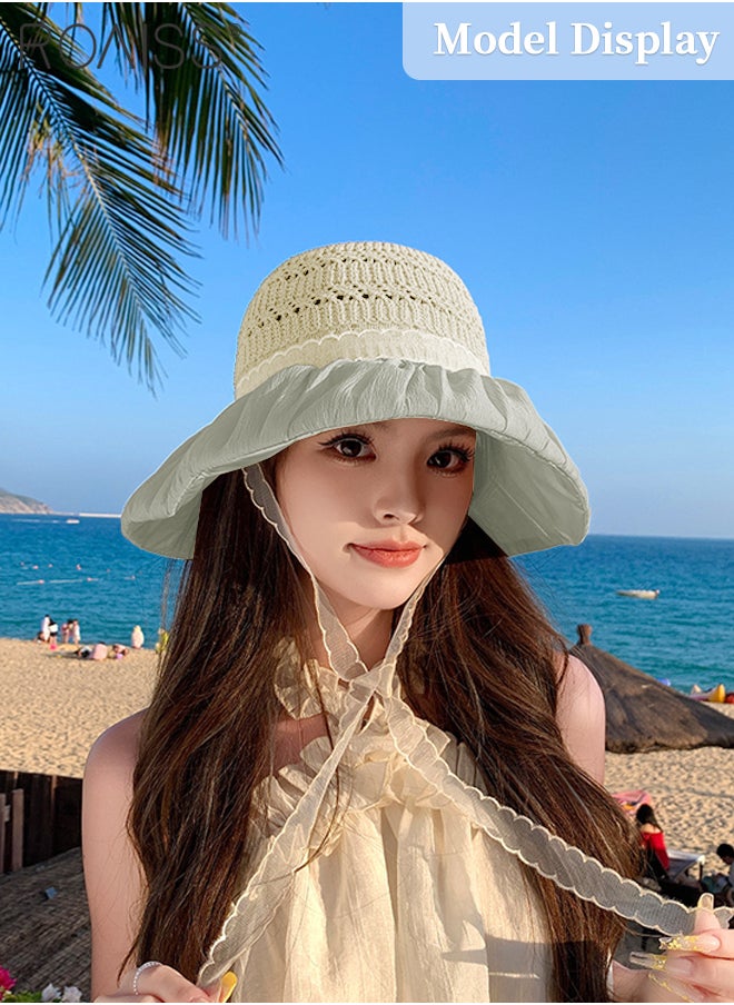 roaiss Women's Color Glue Large Brim Bucket Hat, Summer Hollow Breathable Sun Hat with Cool Ponytail Hole Design, Fashionable and Casual Beach Cap with Lace Ribbon for Travel, Vacation and Hiking  - Image 2