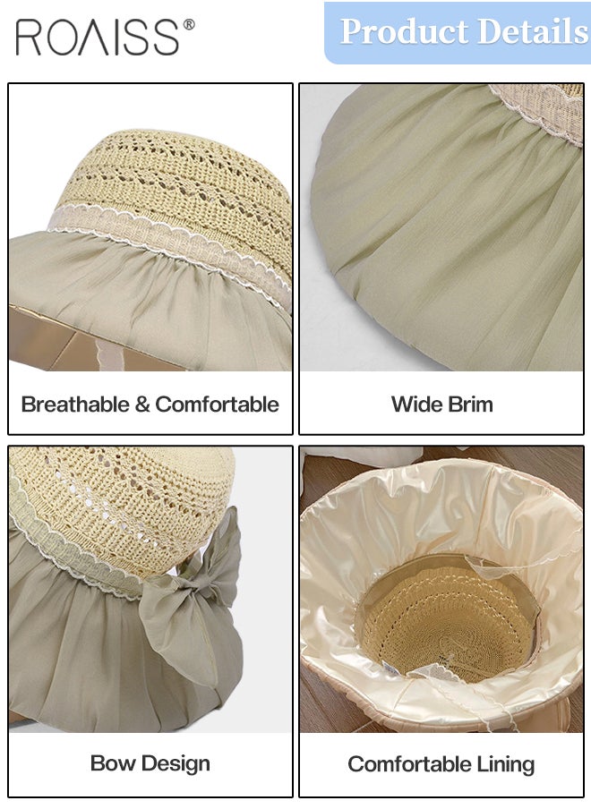 roaiss Women's Color Glue Large Brim Bucket Hat, Summer Hollow Breathable Sun Hat with Cool Ponytail Hole Design, Fashionable and Casual Beach Cap with Lace Ribbon for Travel, Vacation and Hiking  - Image 4