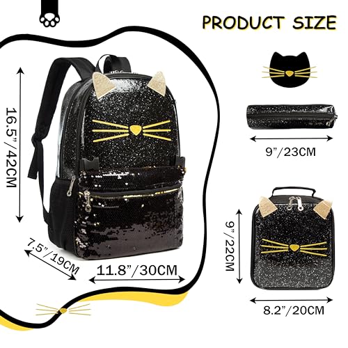 Meetbelify Cute Cat Backpack for Girls Sequin Backpack Set Kids School Bag with Lunch Box for Elementary Student Black - Image 3