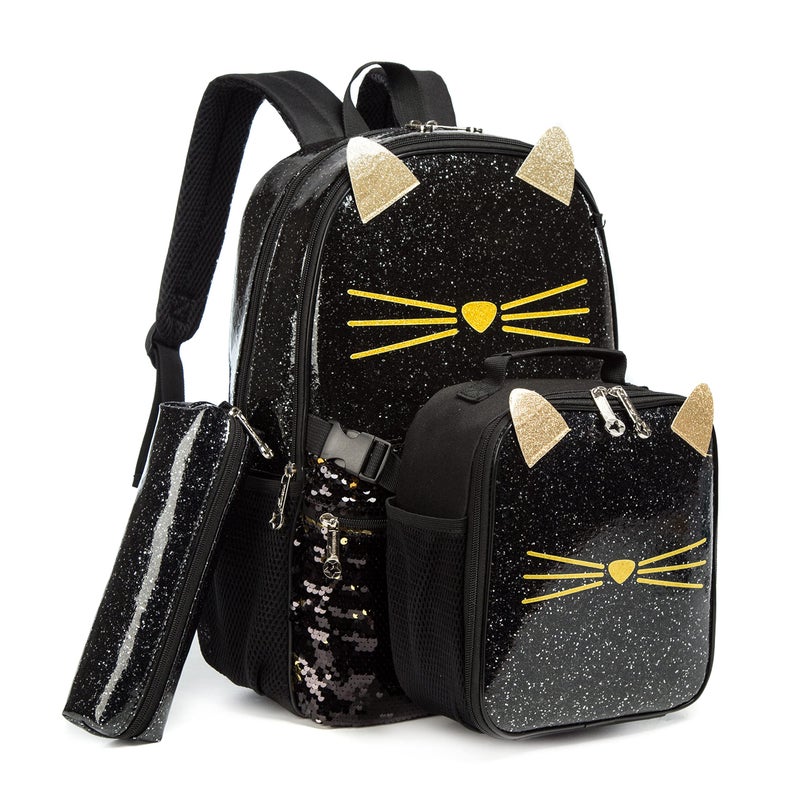 Meetbelify Cute Cat Backpack for Girls Sequin Backpack Set Kids School Bag with Lunch Box for Elementary Student Black - Image 2