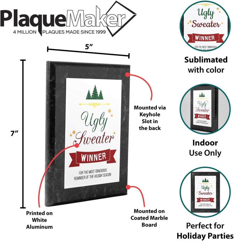 PlaqueMaker 5 x 7" Ugly Christmas Sweater Winner Award Plaque (Coated Marble Board) - Image 3