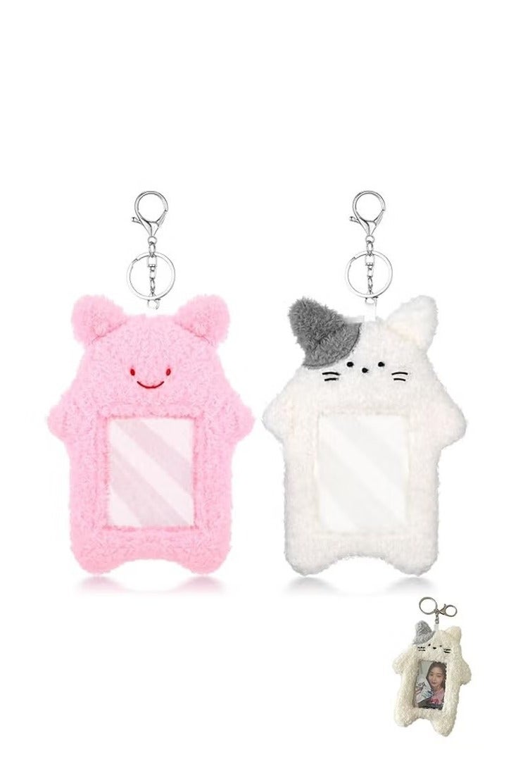 حامل بطاقات الصور من كيبوب، سلسلة مفاتيح، قطيفة كرتونية، 6.3 × 5.12 بوصة، حامل بطاقات صور على شكل أرنب وقط لطيف، جراب حماية لبطاقة الهوية، وردي، أبيض - Image 1