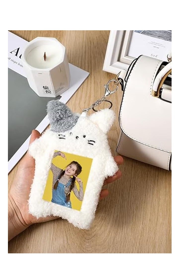 حامل بطاقات الصور من كيبوب، سلسلة مفاتيح، قطيفة كرتونية، 6.3 × 5.12 بوصة، حامل بطاقات صور على شكل أرنب وقط لطيف، جراب حماية لبطاقة الهوية، وردي، أبيض - Image 2