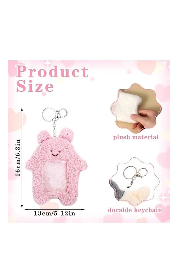 حامل بطاقات الصور من كيبوب، سلسلة مفاتيح، قطيفة كرتونية، 6.3 × 5.12 بوصة، حامل بطاقات صور على شكل أرنب وقط لطيف، جراب حماية لبطاقة الهوية، وردي، أبيض - Image 3